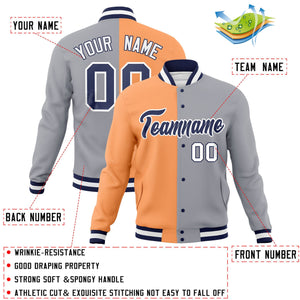 Custom Orange Gray-Navy Varsity Full-Snap Letterman Two Tone Split Fashion Jacket