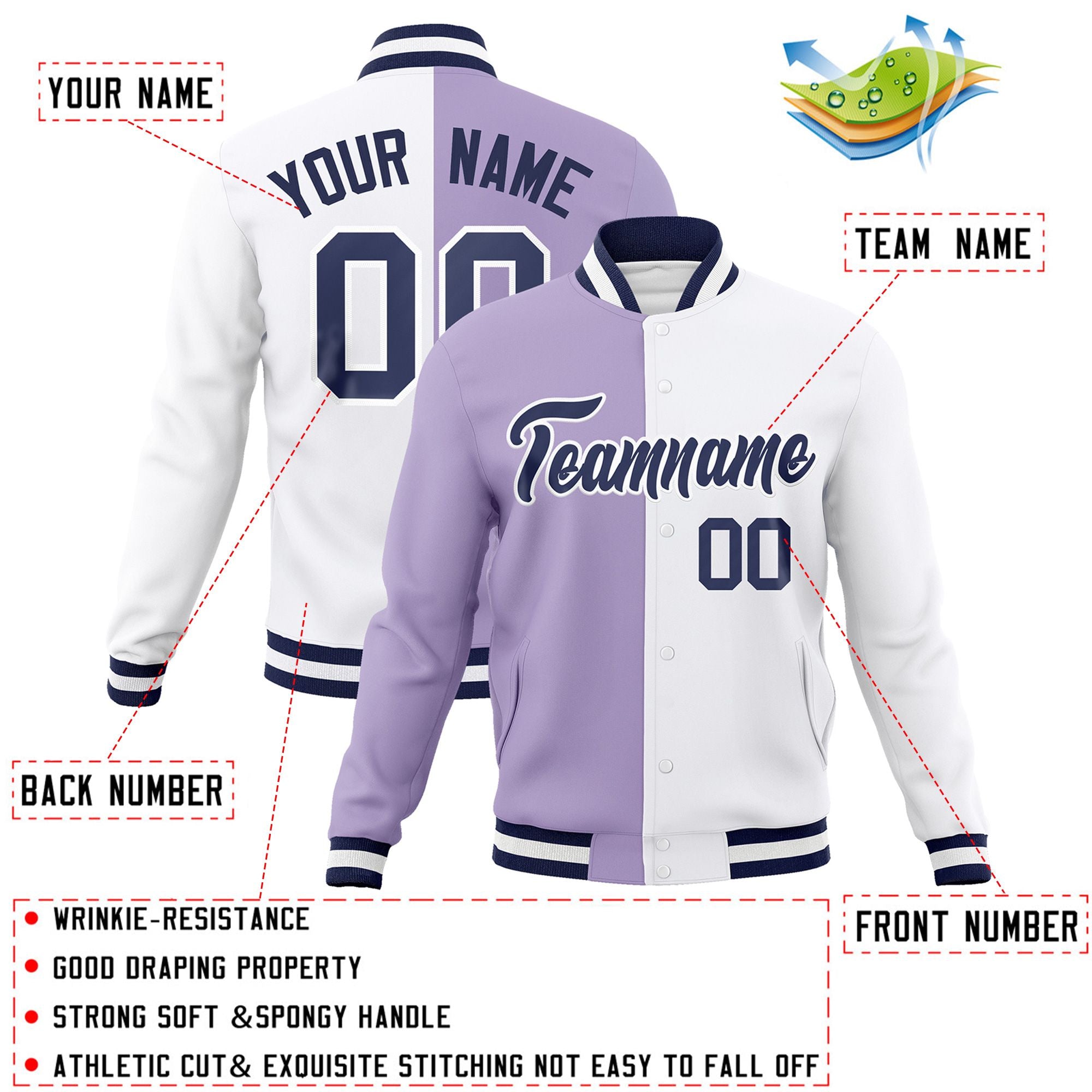 Veste de mode personnalisée à deux tons violet clair blanc-marine Varsity Full-Snap Letterman