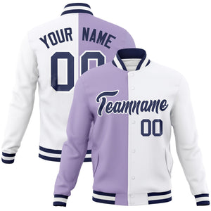 Custom Light Purple White-Navy Varsity Full-Snap Letterman Two Tone Split Fashion Jacket