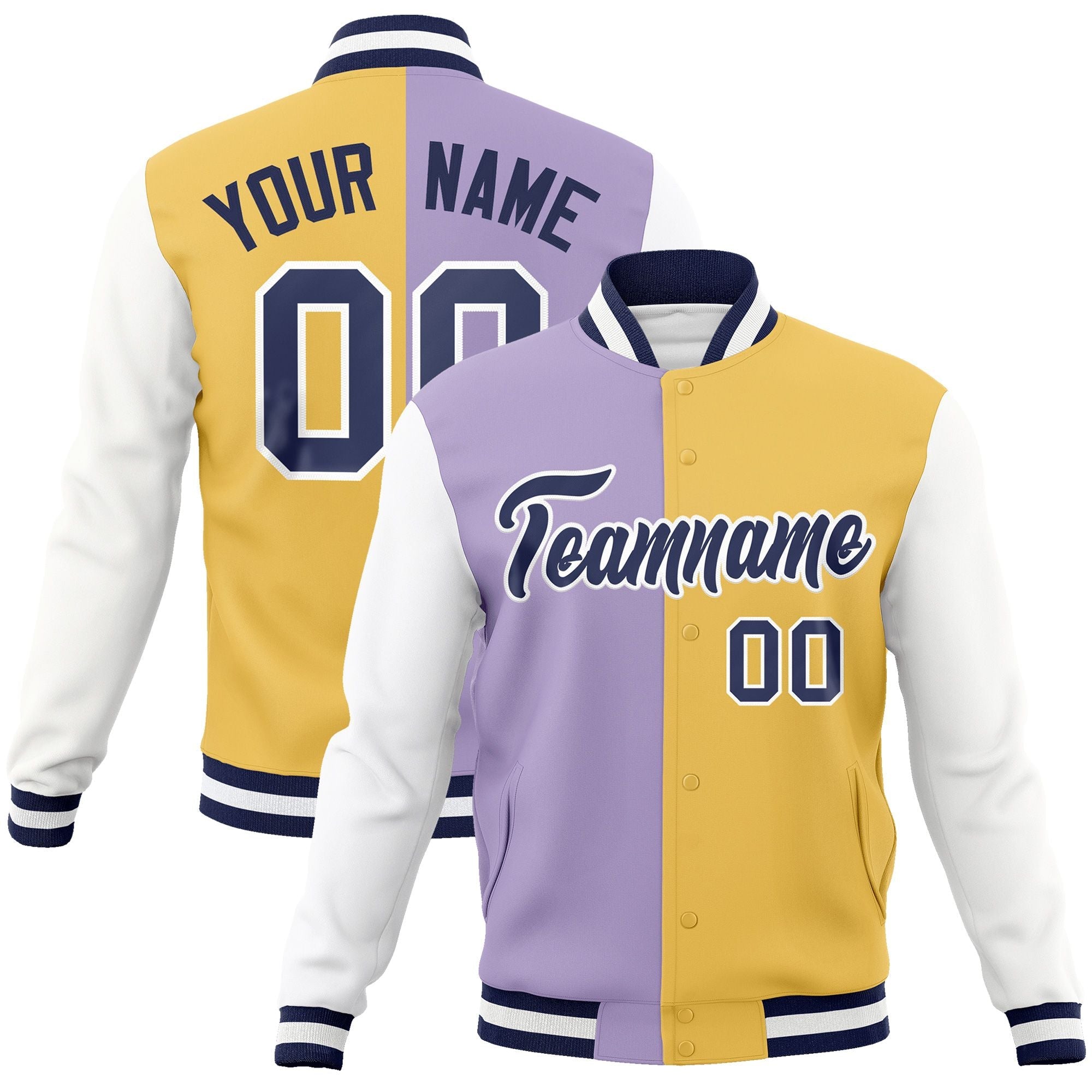 Custom Light Purple Cream-Navy Varsity Full-Snap Letterman Two Tone Split Fashion Jacket