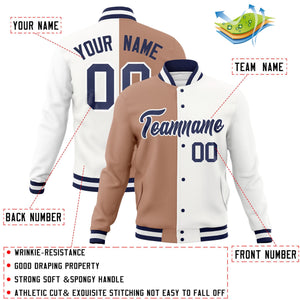 Veste de mode fendue bicolore personnalisée marron blanc-marine Varsity Full-Snap Letterman