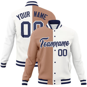 Custom Brown White-Navy Varsity Full-Snap Letterman Two Tone Split Fashion Jacket