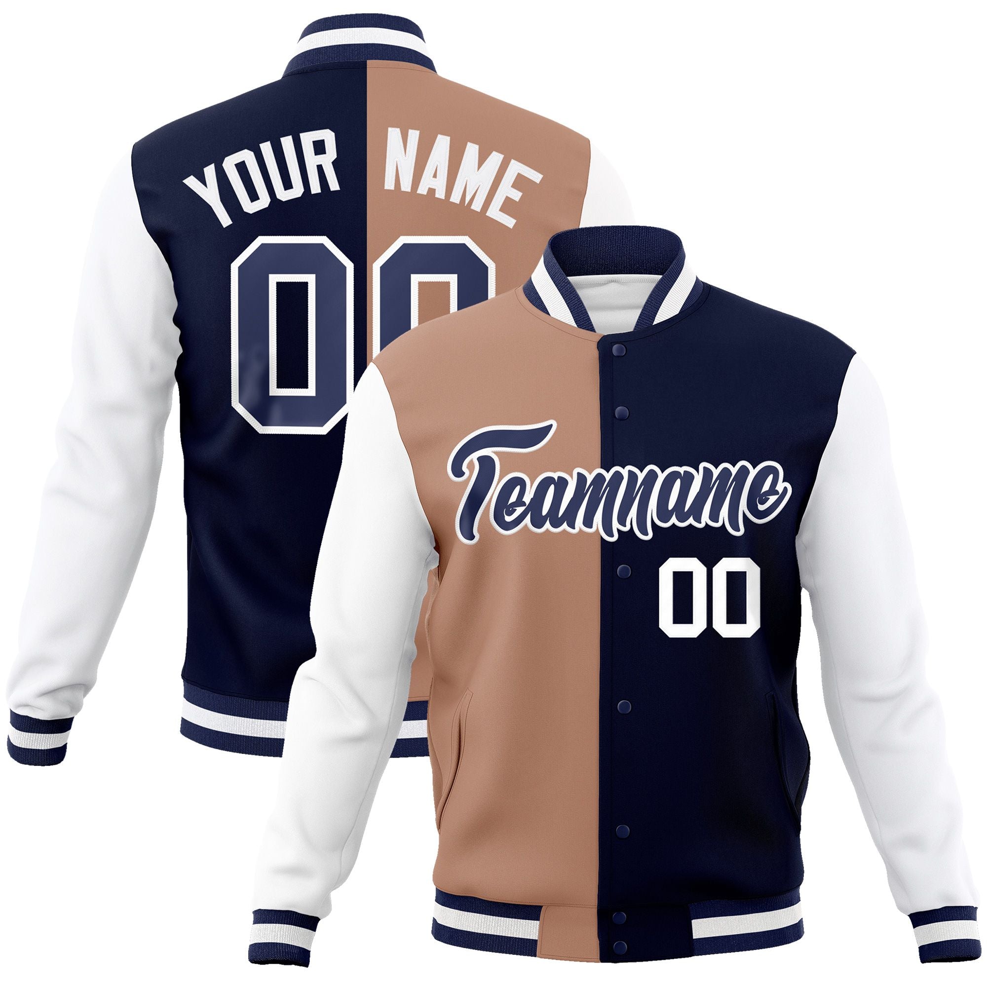 Custom Brown Navy-Navy Varsity Full-Snap Letterman Two Tone Split Fashion Jacket