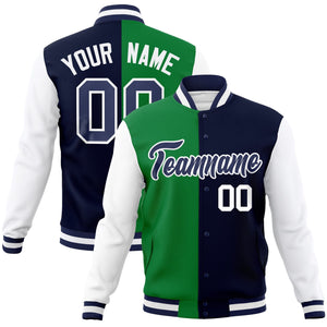 Custom Green Navy-Navy Varsity Full-Snap Letterman Two Tone Split Fashion Jacket