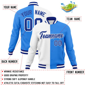 Custom White Powder Blue-Royal Varsity Full-Snap Letterman Two Tone Split Fashion Jacket