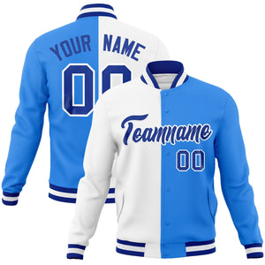 Custom White Powder Blue-Royal Varsity Full-Snap Letterman Two Tone Split Fashion Jacket