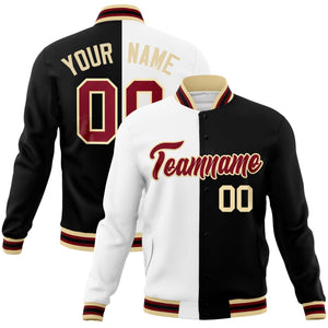 Custom White Black-Crimson Varsity Full-Snap Letterman Two Tone Split Fashion Jacket