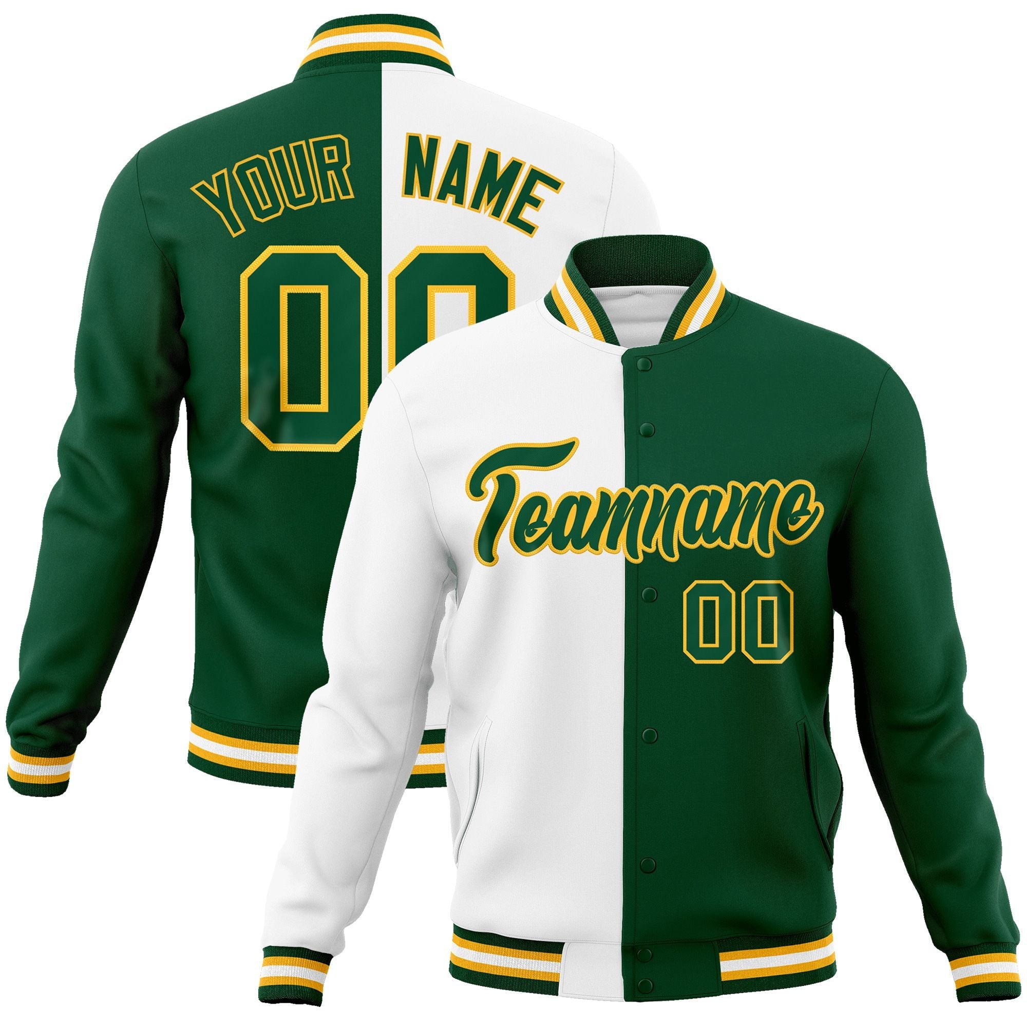 Custom White Green-Green Varsity Full-Snap Letterman Two Tone Split Fashion Jacket