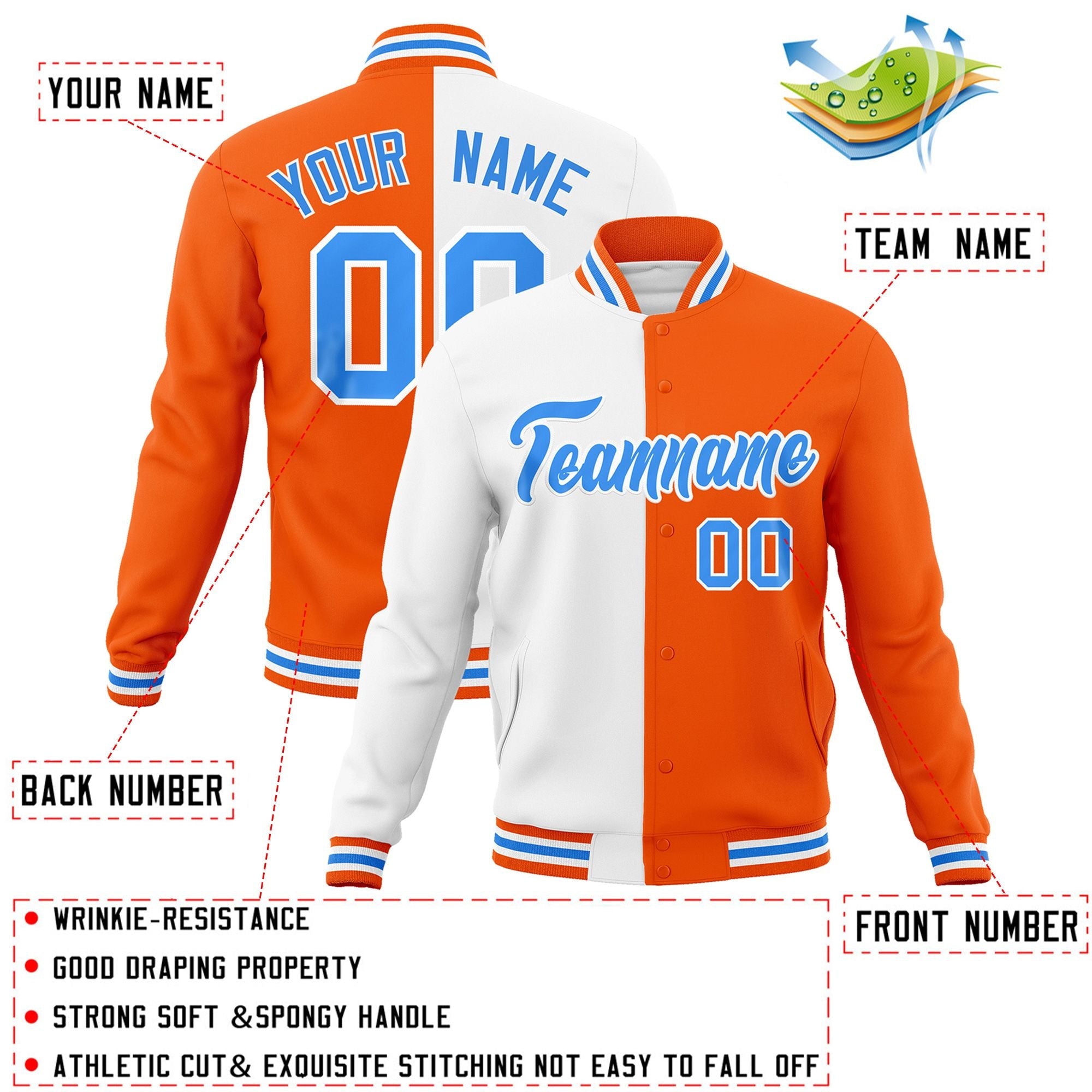 Veste de mode fendue bicolore personnalisée blanc orange-bleu poudre Varsity Full-Snap Letterman