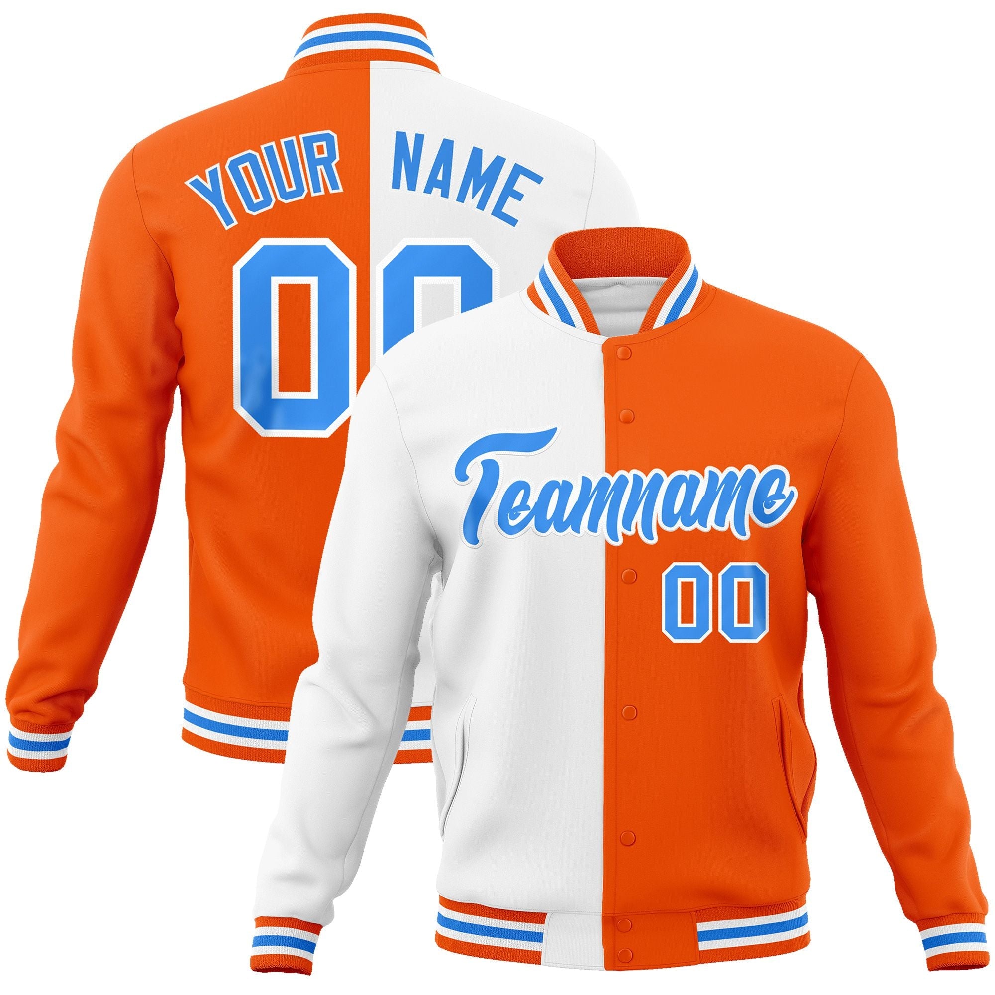 Custom White Orange-Powder Blue Varsity Full-Snap Letterman Two Tone Split Fashion Jacket