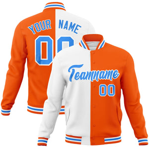 Custom White Orange-Powder Blue Varsity Full-Snap Letterman Two Tone Split Fashion Jacket