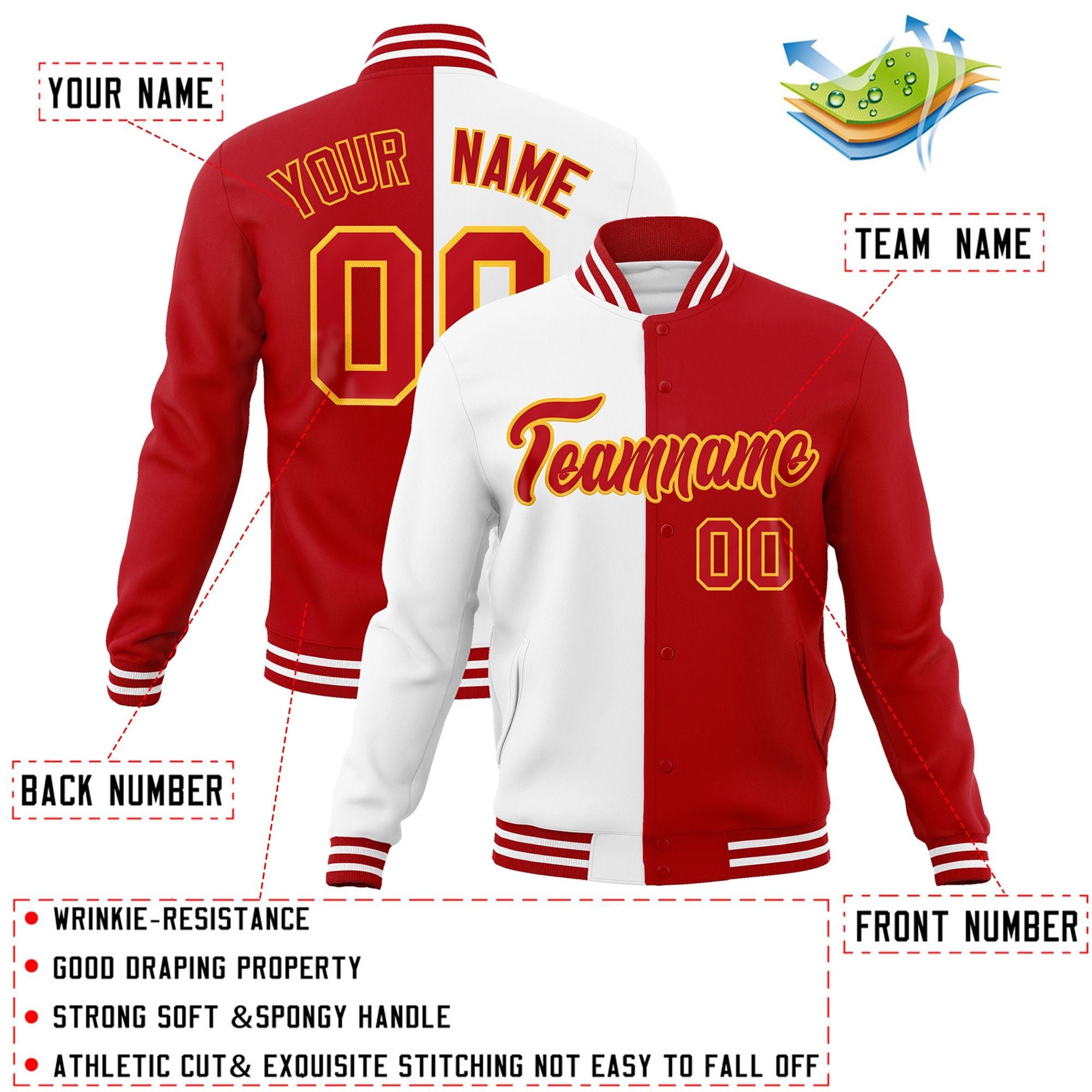 Veste de mode fendue bicolore personnalisée blanc rouge-rouge Varsity Full-Snap Letterman