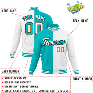 Veste de mode fendue bicolore personnalisée Aqua White Varsity Full-Snap Letterman