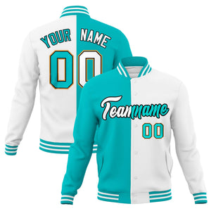 Veste de mode fendue bicolore personnalisée Aqua White Varsity Full-Snap Letterman