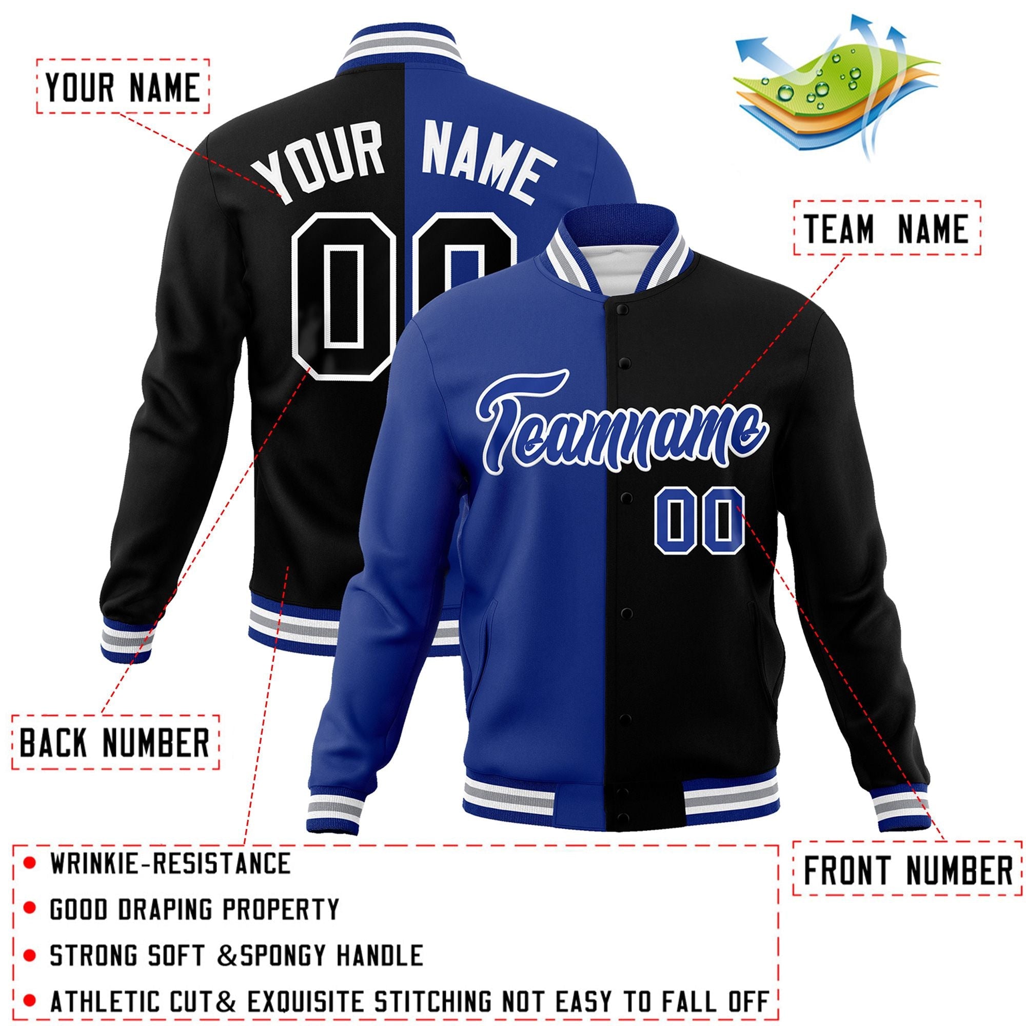 Custom Royal Black-Royal Varsity Full-Snap Letterman Two Tone Split Fashion Jacket