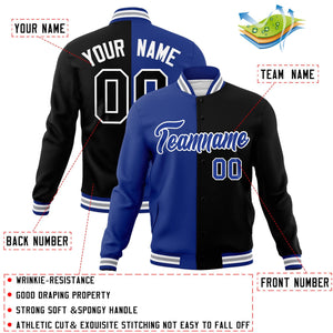 Custom Royal Black-Royal Varsity Full-Snap Letterman Veste de mode fendue bicolore