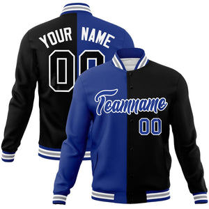 Custom Royal Black-Royal Varsity Full-Snap Letterman Veste de mode fendue bicolore