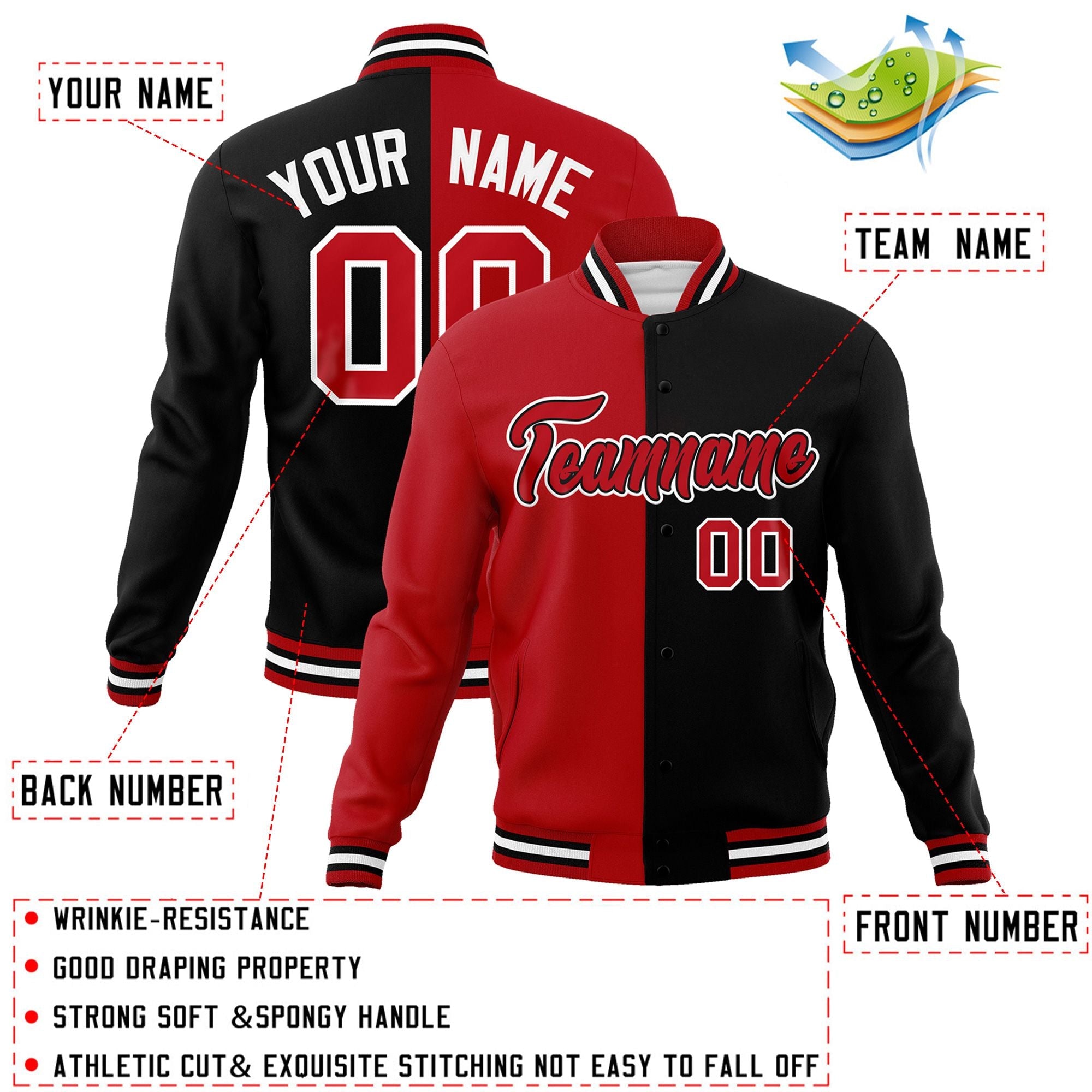 Veste de mode fendue bicolore personnalisée rouge noir-rouge Varsity Full-Snap Letterman