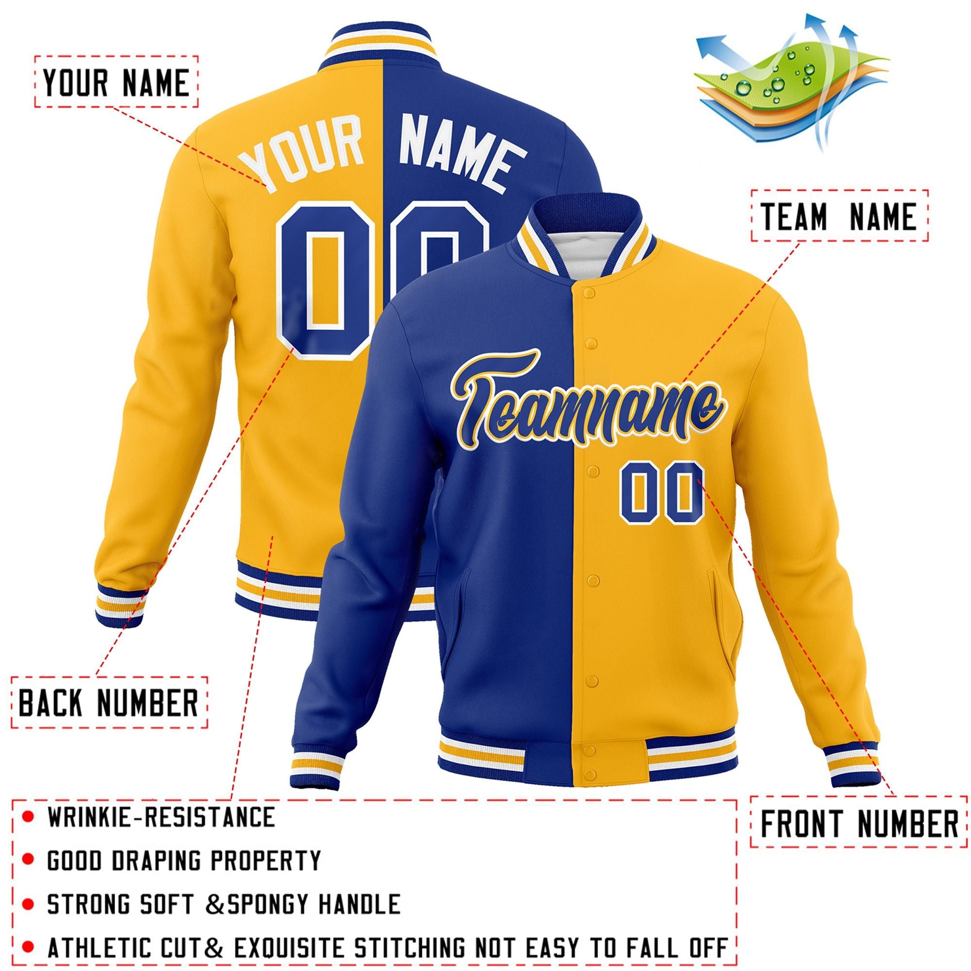 Custom Royal Yellow-Royal Varsity Full-Snap Letterman Two Tone Split Fashion Jacket