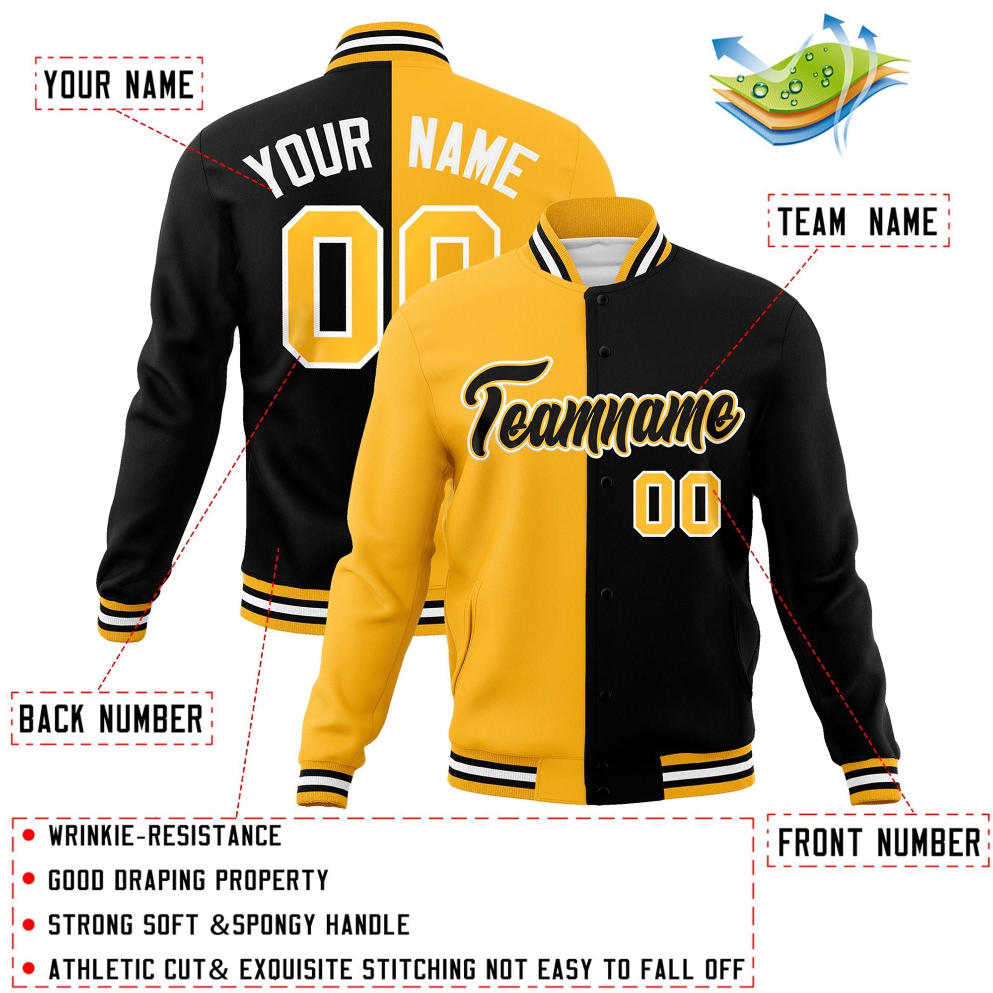 Custom Gold Black-Black Varsity Full-Snap Letterman Veste de mode fendue bicolore