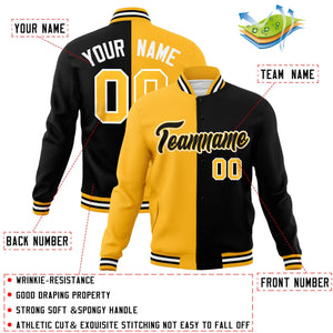 Custom Gold Black-Black Varsity Full-Snap Letterman Two Tone Split Fashion Jacket