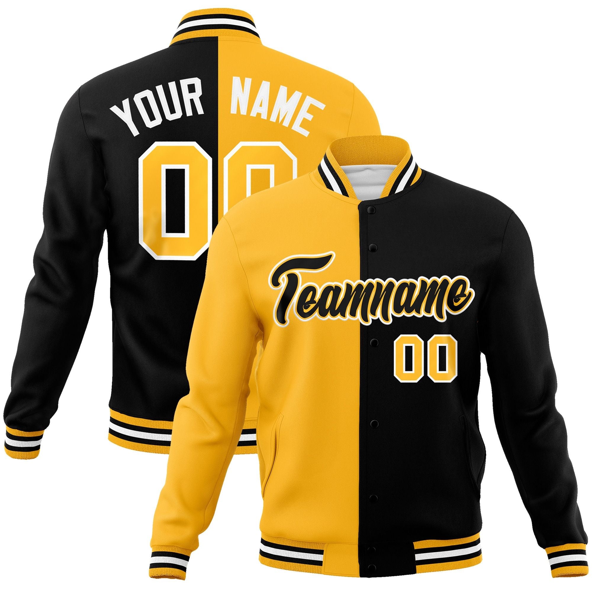 Custom Gold Black-Black Varsity Full-Snap Letterman Two Tone Split Fashion Jacket