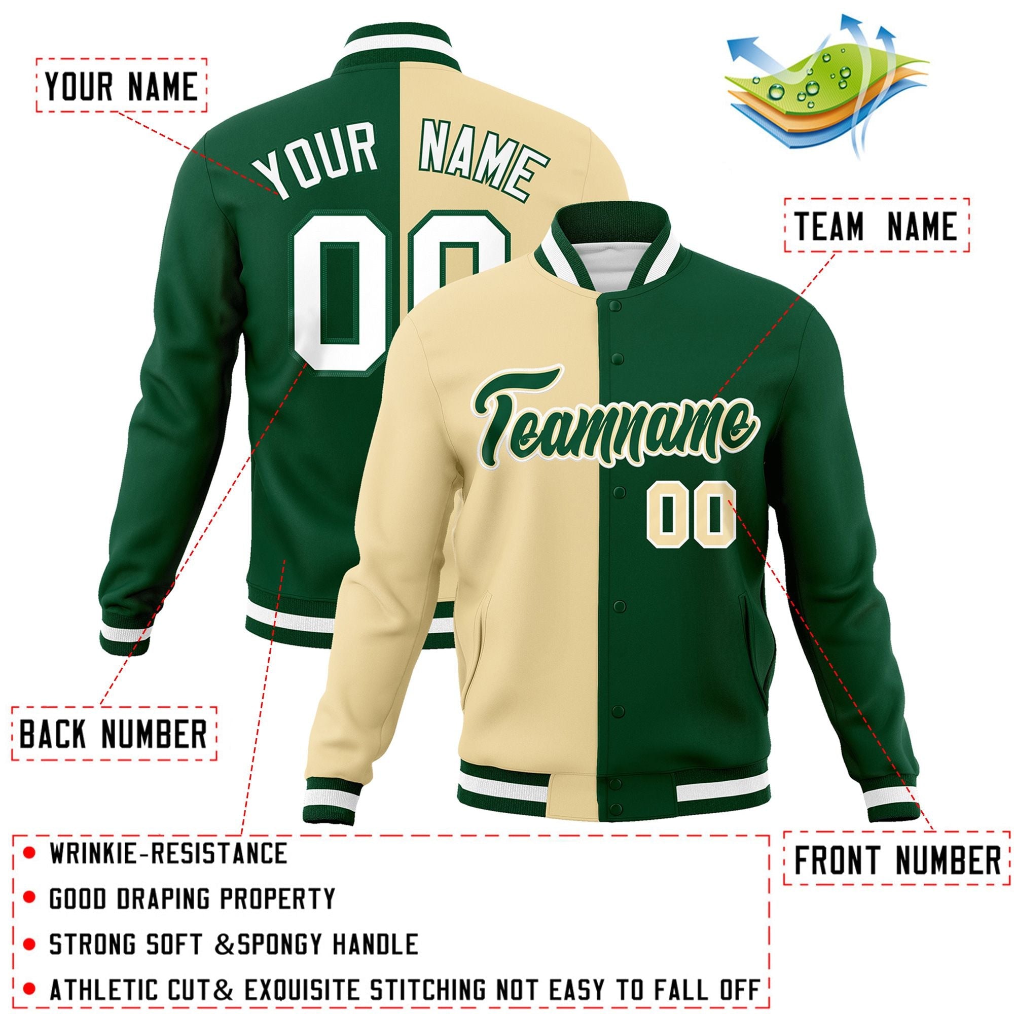 Custom Khaki Green-Green Varsity Full-Snap Letterman Two Tone Split Fashion Jacket