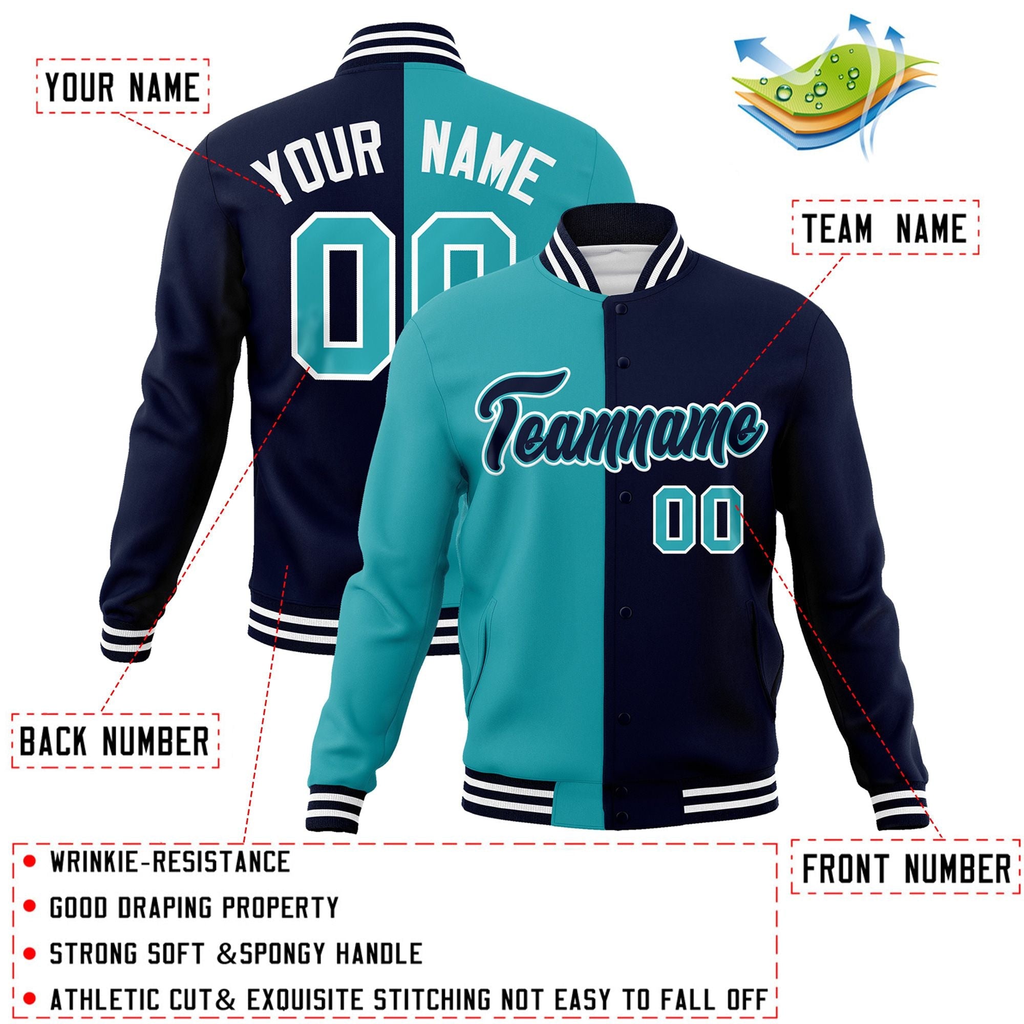 Custom Aqua Navy-Navy Varsity Full-Snap Letterman Two Tone Split Fashion Jacket