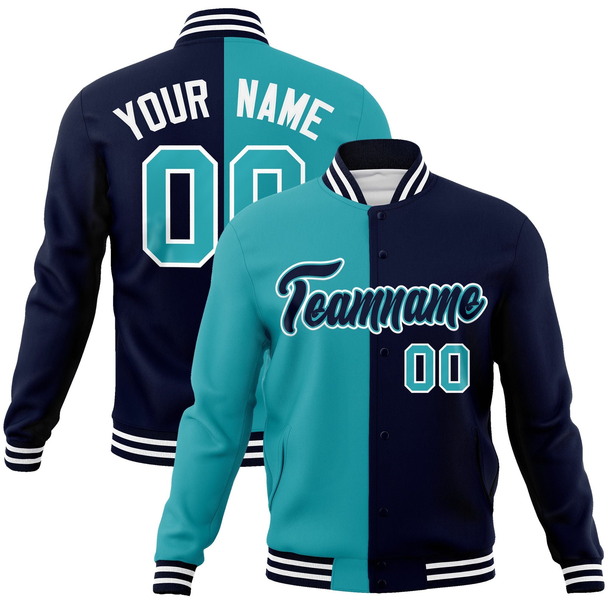 Custom Aqua Navy-Navy Varsity Full-Snap Letterman Two Tone Split Fashion Jacket