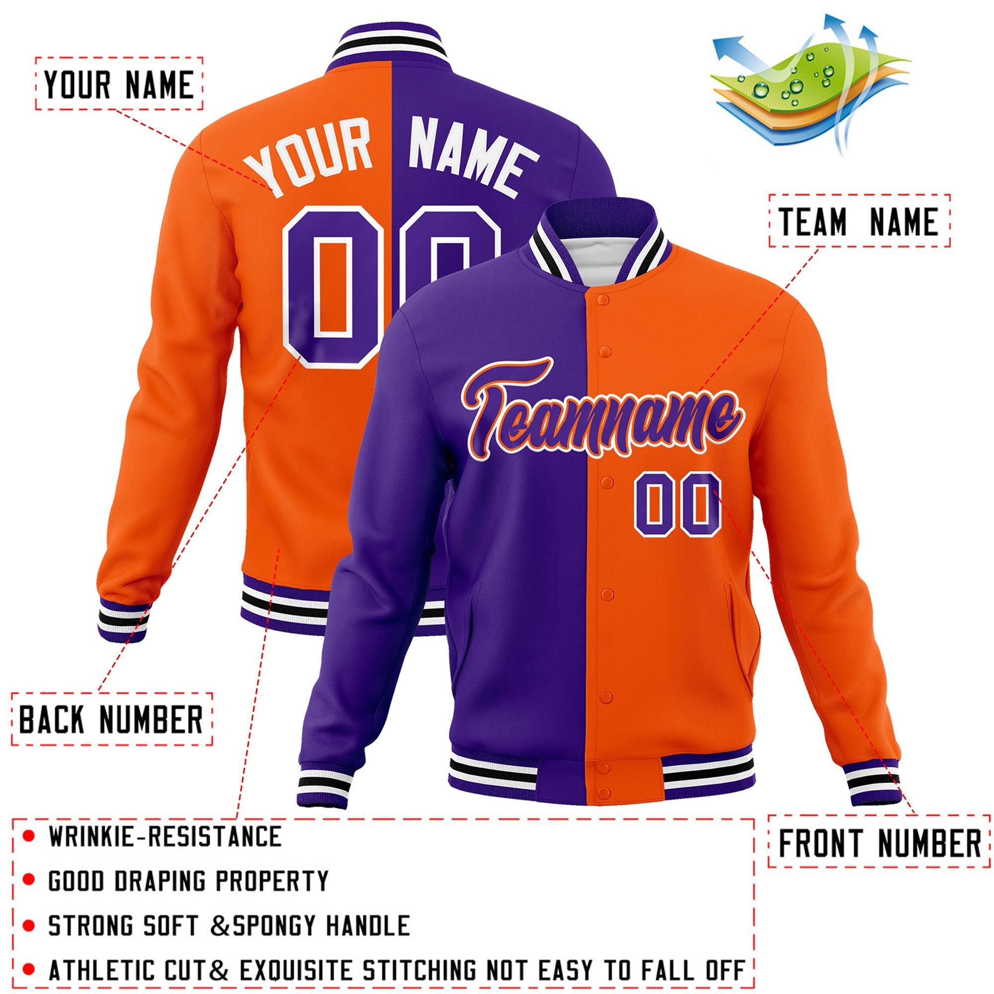 Custom Purple Orange-Purple Varsity Full-Snap Letterman Two Tone Split Fashion Jacket