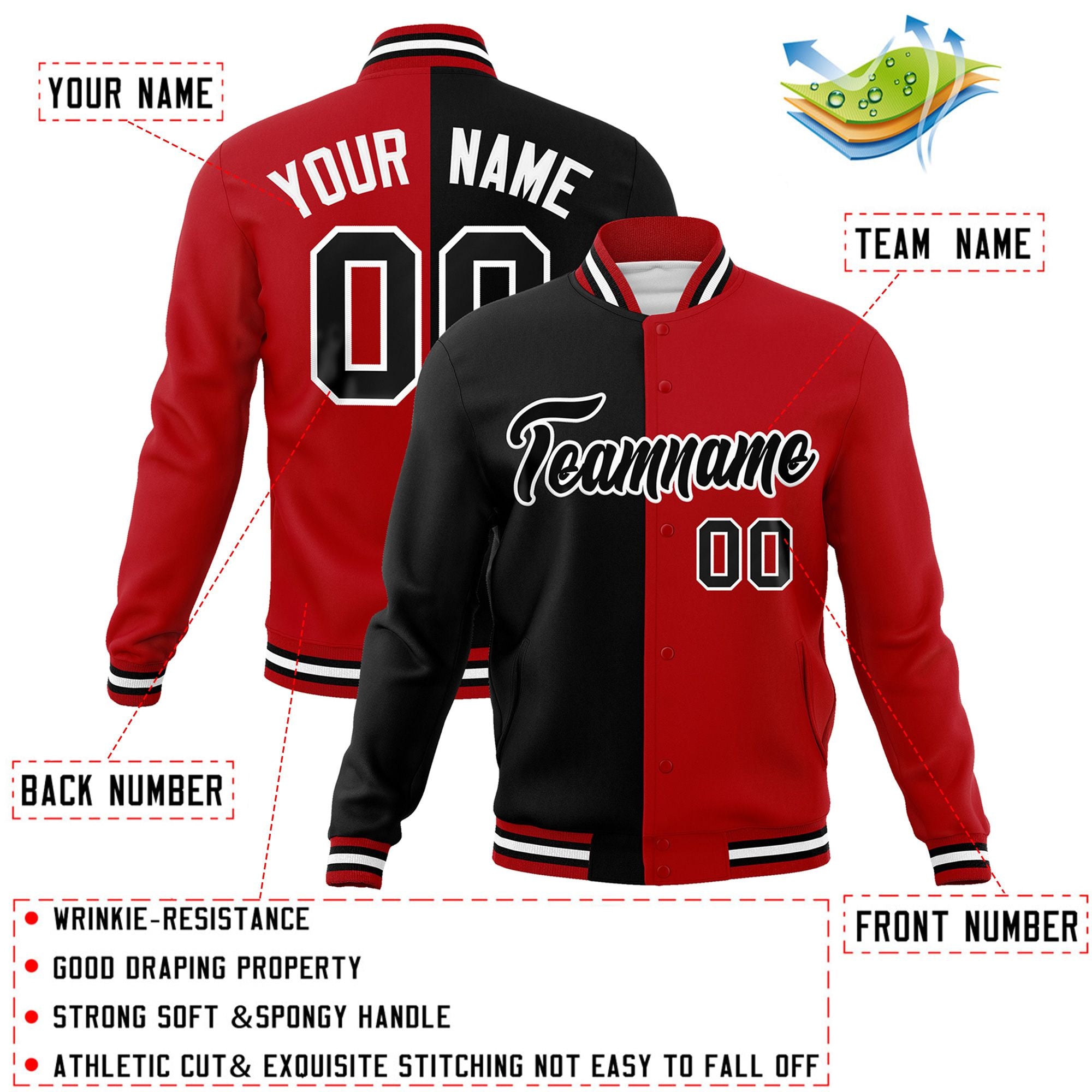 Custom Black Red-Black Varsity Full-Snap Letterman Two Tone Split Fashion Jacket