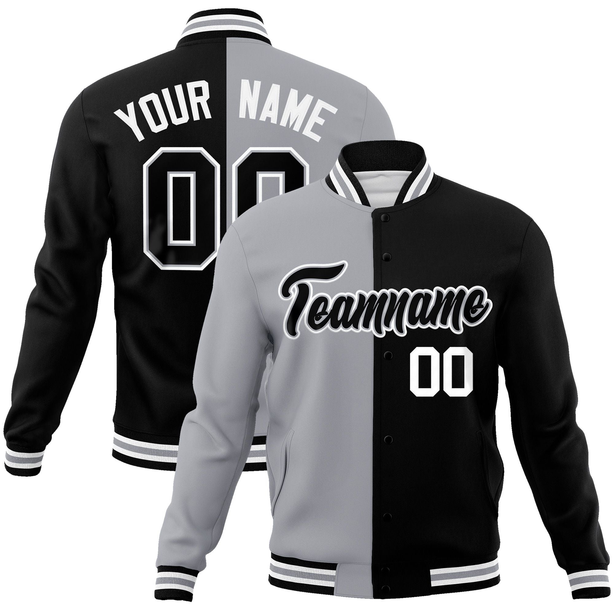 Custom Gray Black-Black Varsity Full-Snap Letterman Two Tone Split Fashion Jacket