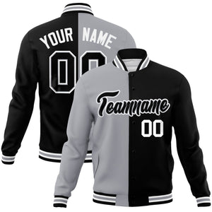 Veste de mode fendue bicolore personnalisée gris noir-noir Varsity Full-Snap Letterman