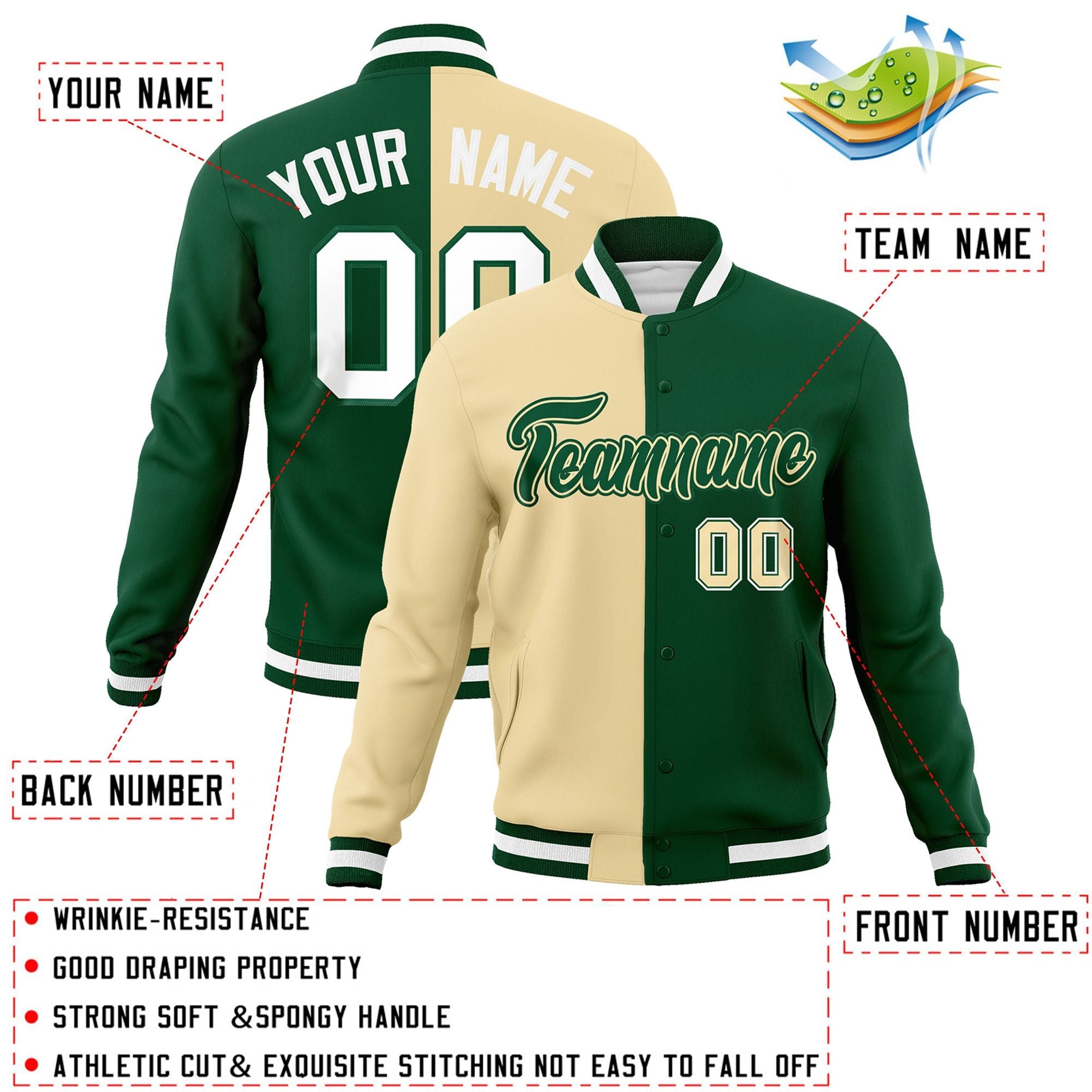 Custom Khaki Green-Green Varsity Full-Snap Letterman Two Tone Split Fashion Jacket