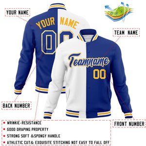 Veste de mode fendue bicolore Royal-Royal Varsity Full-Snap Letterman personnalisée blanche