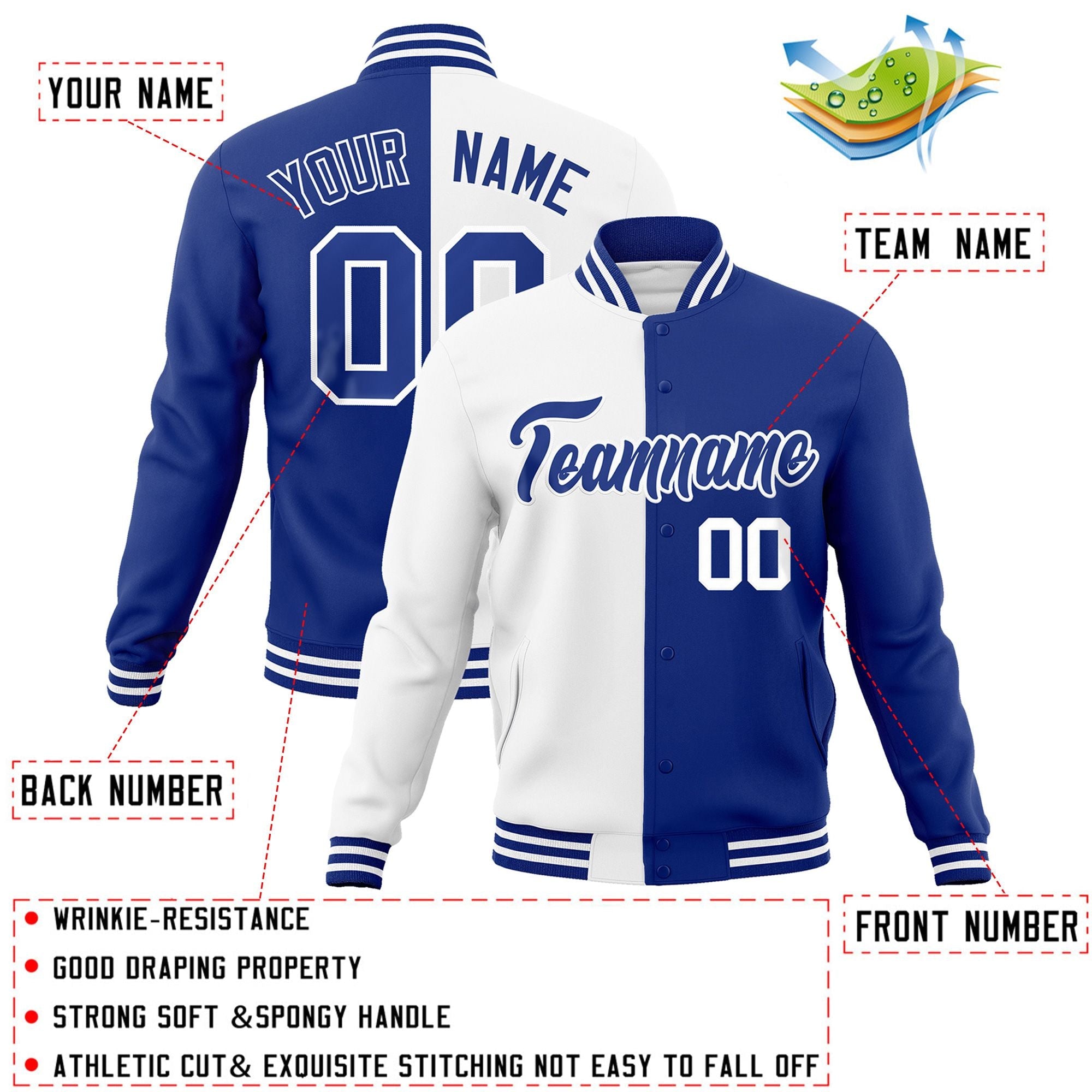 Custom White Royal-Royal Varsity Full-Snap Letterman Two Tone Split Fashion Jacket