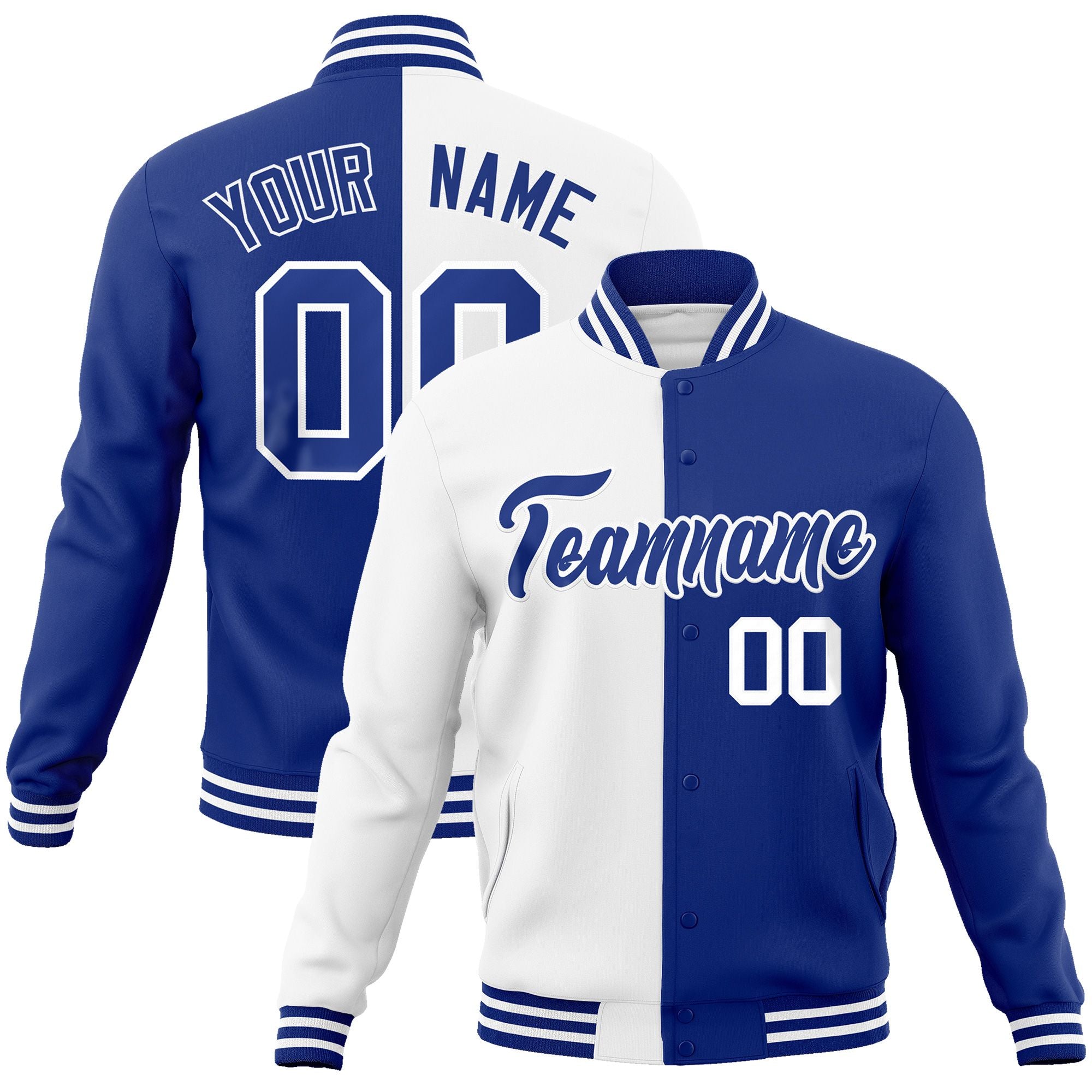 Custom White Royal-Royal Varsity Full-Snap Letterman Two Tone Split Fashion Jacket