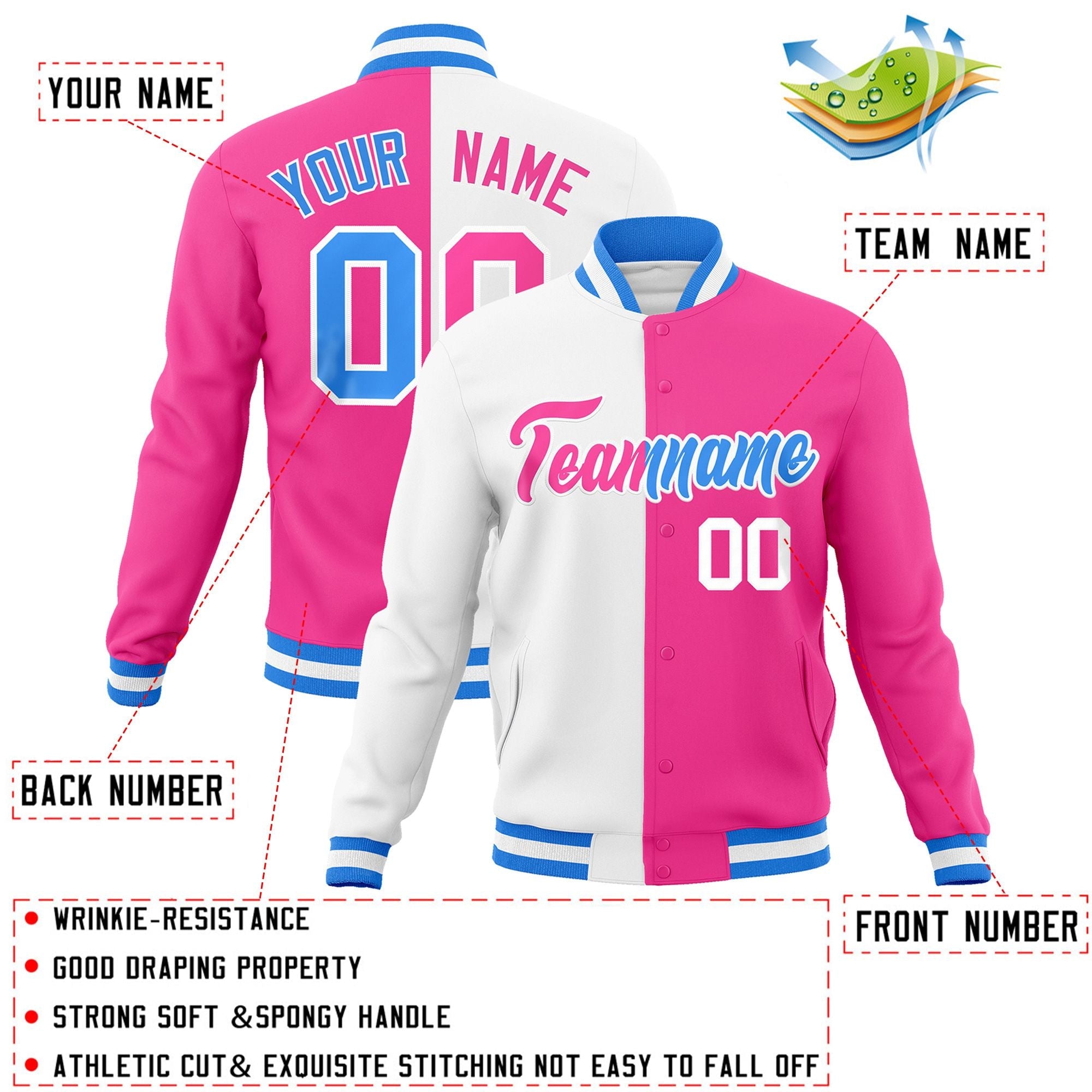 Custom White Pink-Pink Varsity Full-Snap Letterman Two Tone Split Fashion Jacket