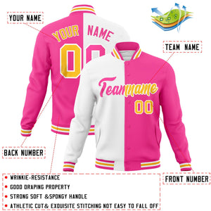 Veste de mode fendue bicolore personnalisée blanc rose-rose Varsity Full-Snap Letterman