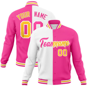 Custom White Pink-Pink Varsity Full-Snap Letterman Two Tone Split Fashion Jacket