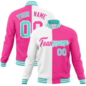 Custom White Pink-Pink Varsity Full-Snap Letterman Two Tone Split Fashion Jacket