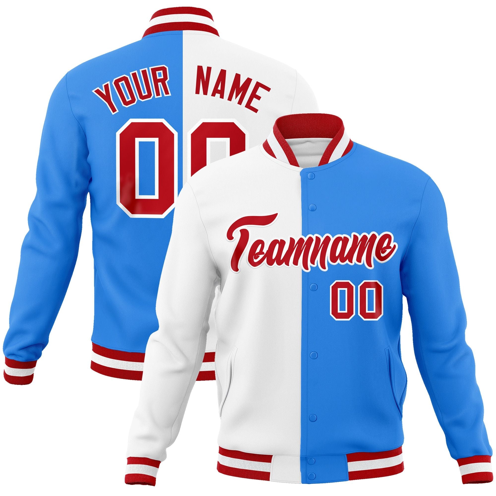 Custom White Powder Blue-Red Varsity Full-Snap Letterman Two Tone Split Fashion Jacket