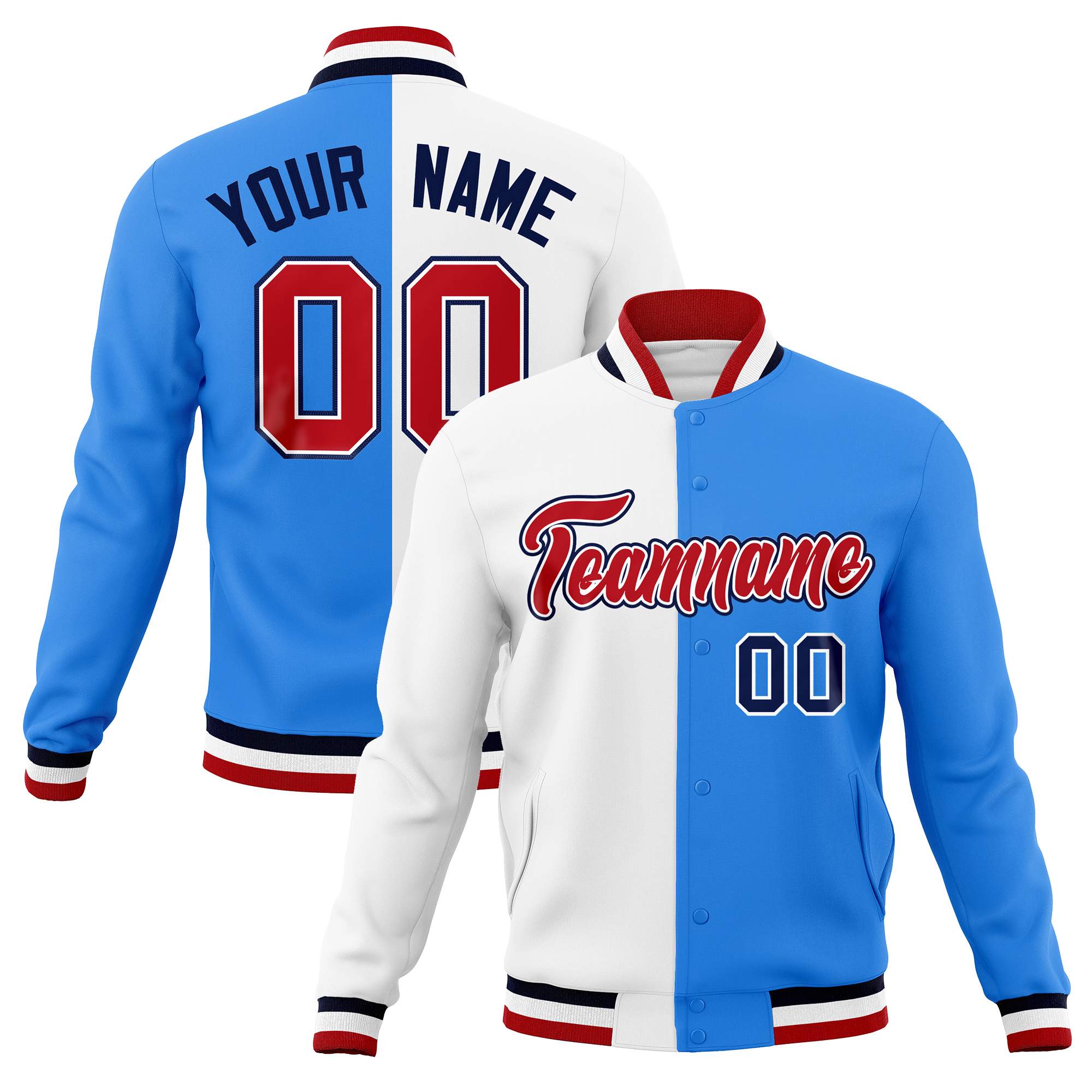 Custom White Powder Blue-Red Varsity Full-Snap Letterman Two Tone Split Fashion Jacket