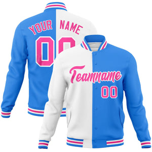 Custom White Powder Blue-Pink Varsity Full-Snap Letterman Two Tone Split Fashion Jacket