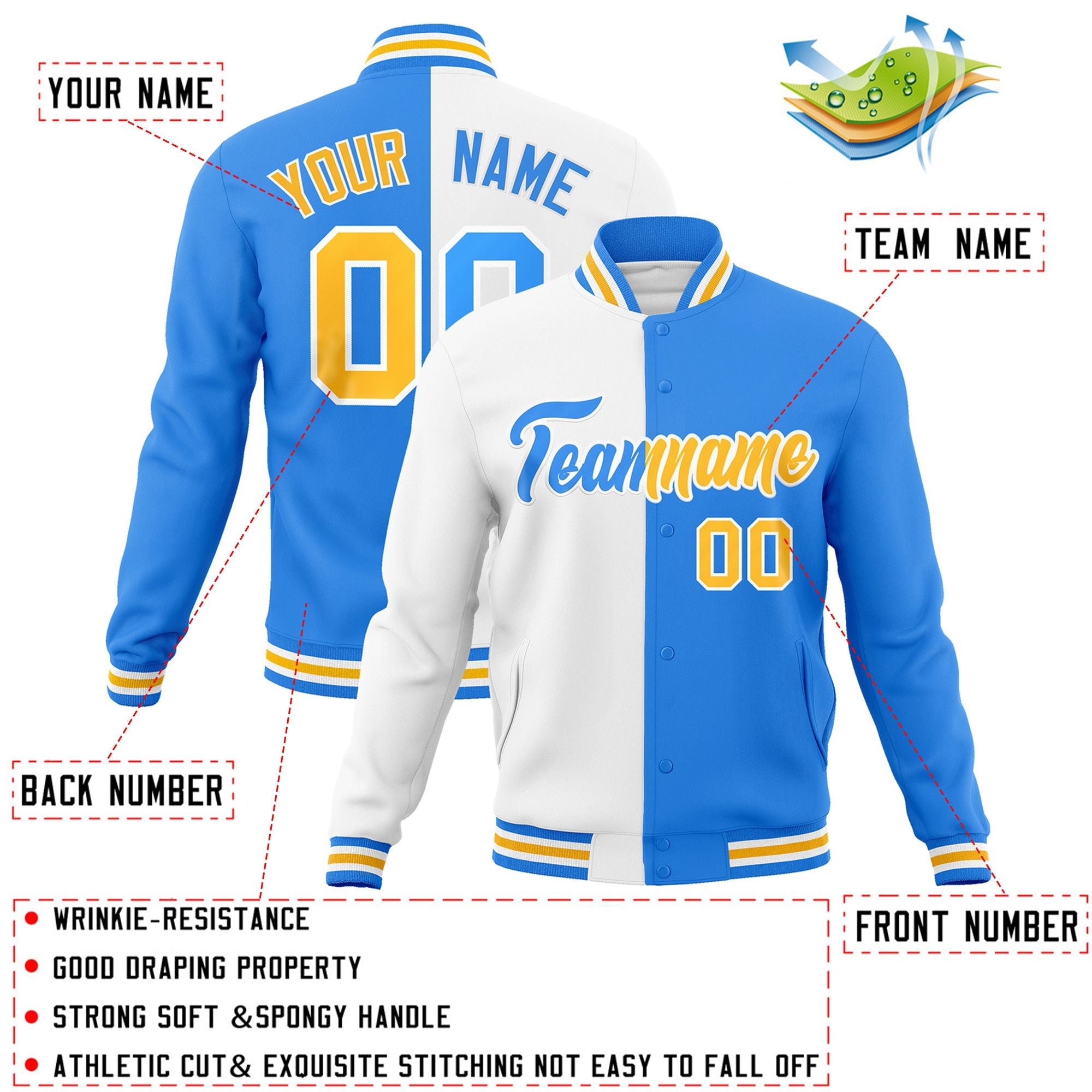 Custom White Powder Blue-Gold Varsity Full-Snap Letterman Two Tone Split Fashion Jacket