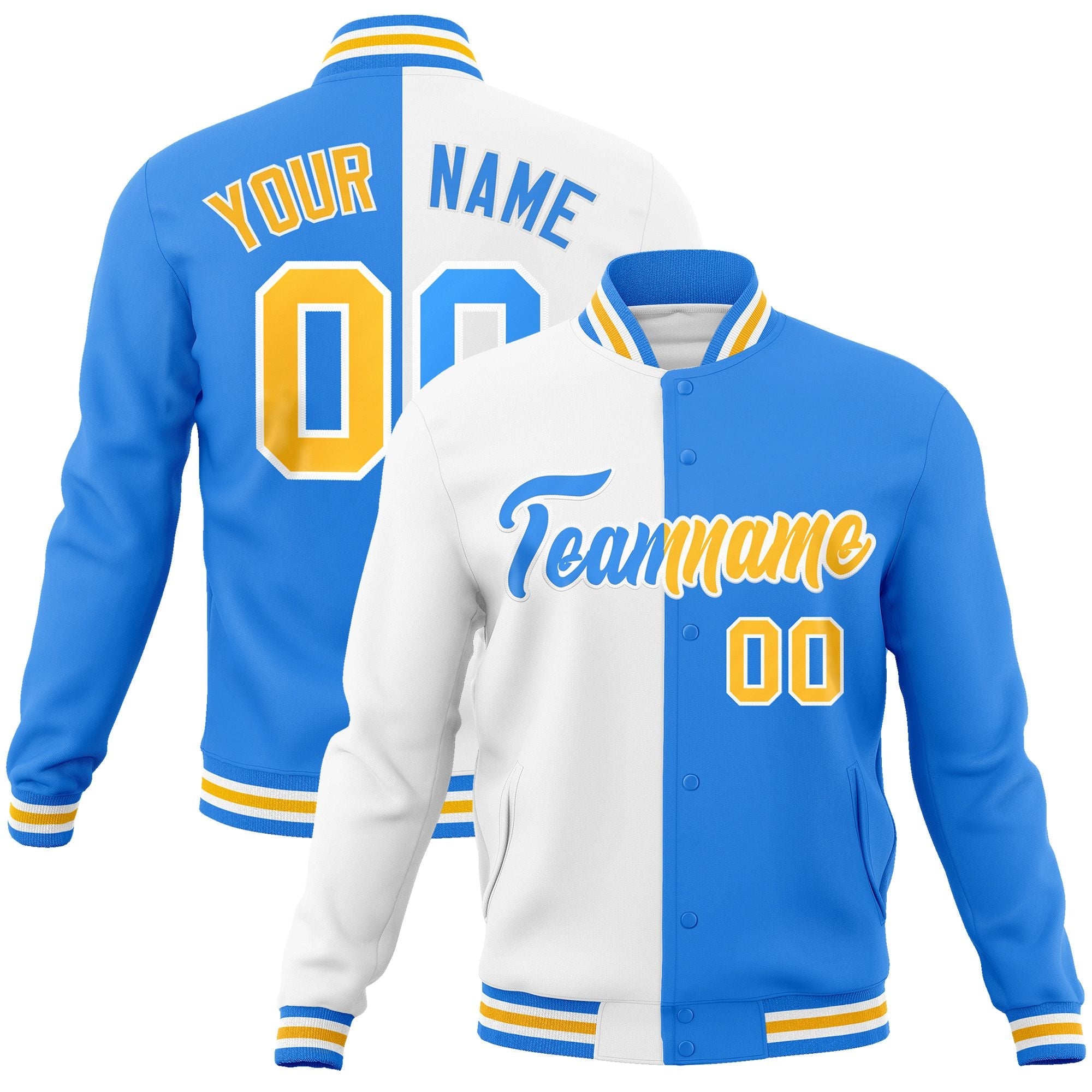 Custom White Powder Blue-Gold Varsity Full-Snap Letterman Two Tone Split Fashion Jacket