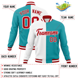 Veste de mode fendue bicolore personnalisée blanche Aqua-rouge Varsity Full-Snap Letterman