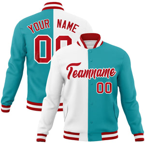 Custom White Aqua-Red Varsity Full-Snap Letterman Two Tone Split Fashion Jacket