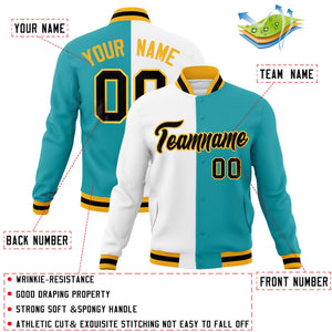 Custom White Aqua-Black Varsity Full-Snap Letterman Two Tone Split Fashion Jacket