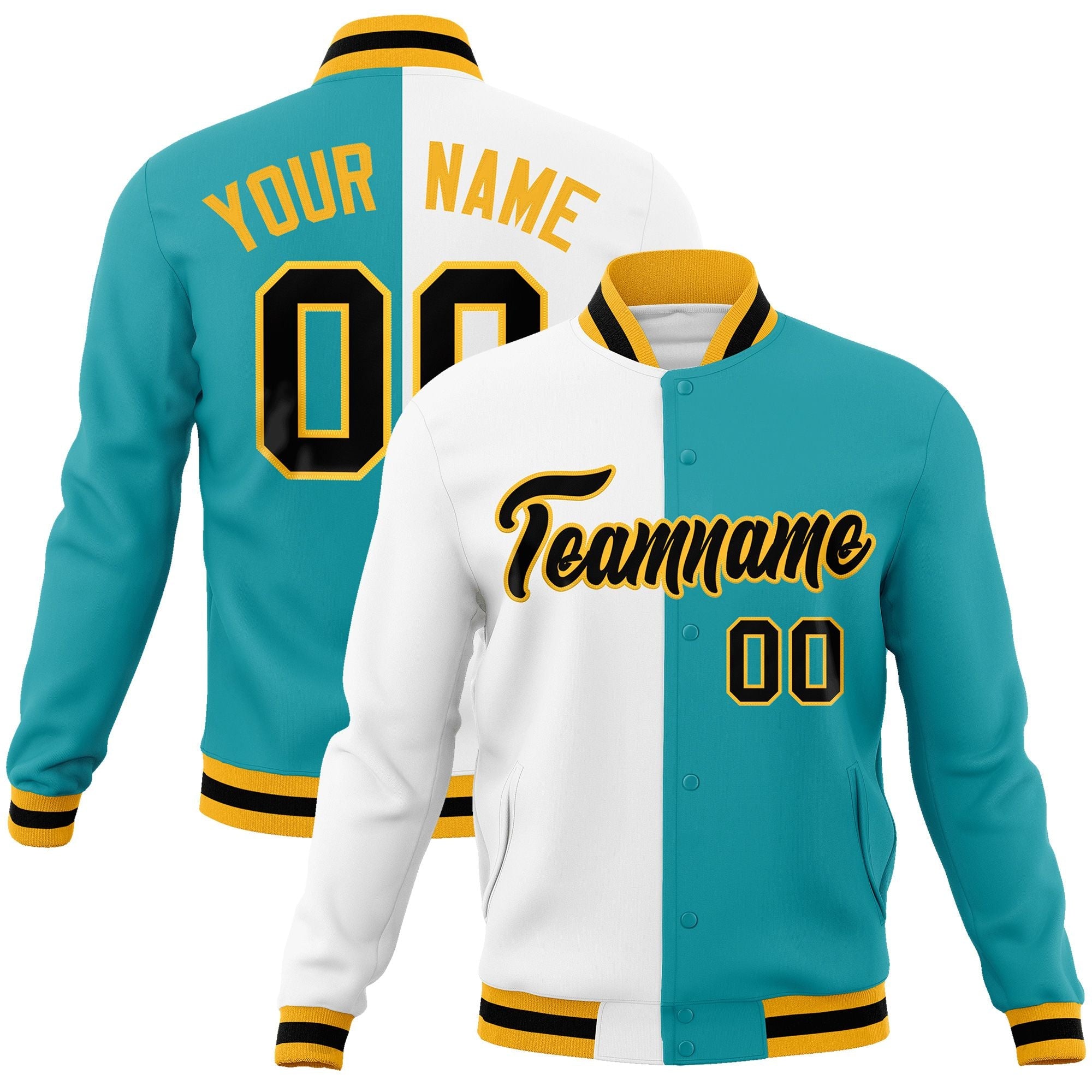 Custom White Aqua-Black Varsity Full-Snap Letterman Two Tone Split Fashion Jacket